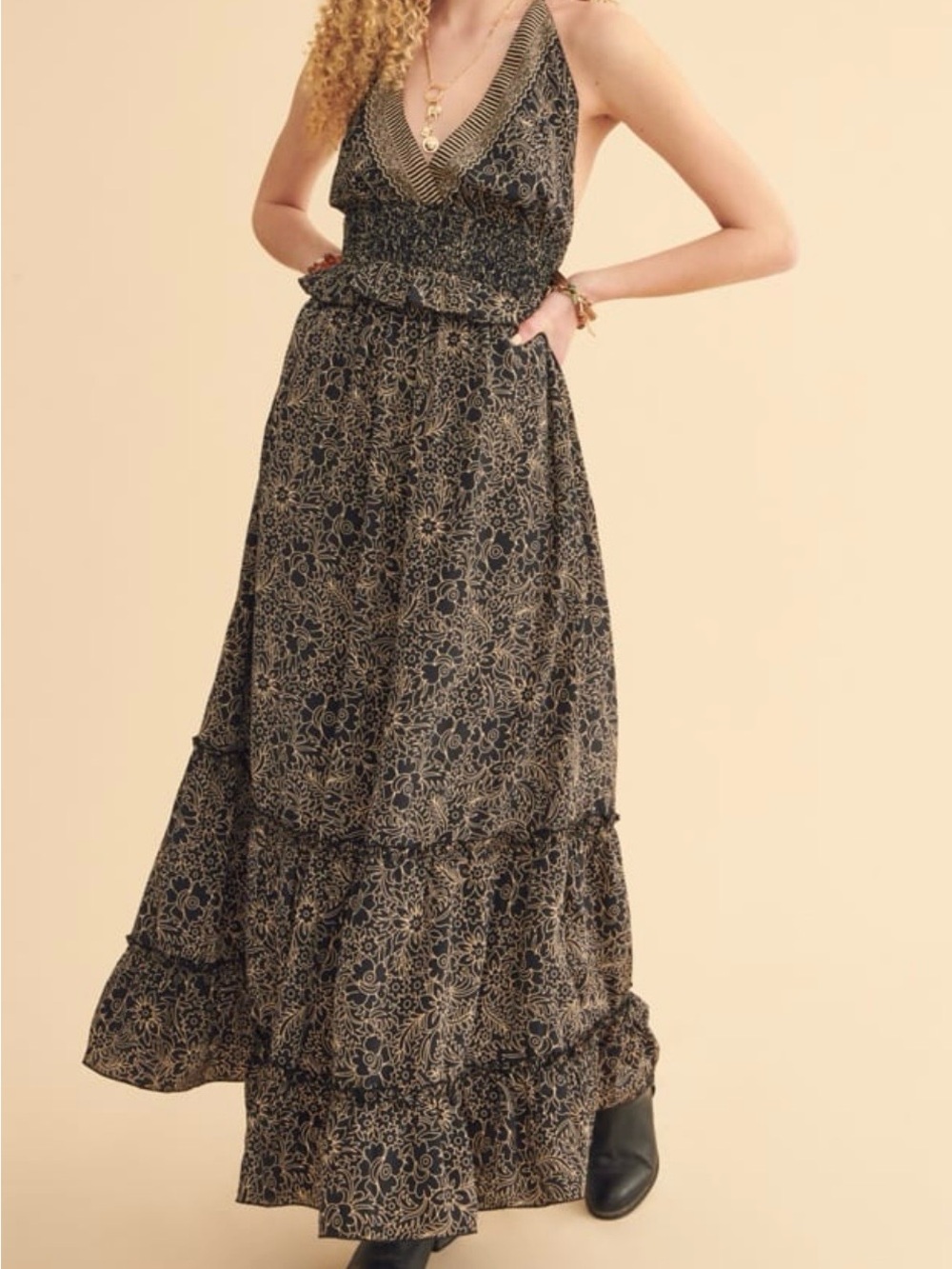 Earthbound Trading Co Dress Women M Brown Black Beige Print Maxi Boho